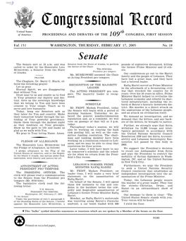 Congressional Record United States Th of America PROCEEDINGS and DEBATES of the 109 CONGRESS, FIRST SESSION