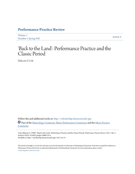 Performance Practice and the Classic Period Malcom S