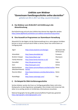Linkliste Zum Webinar “Gemeinsam Familiengeschichte Online Darstellen” Gehalten Am 09.11.2017 Von Mag