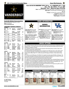 2011-12 Vanderbilt Basketball Notes Game 29/At Kentucky Www