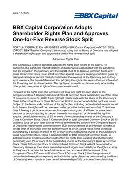 BBX Capital Corporation Adopts Shareholder Rights Plan and Approves One-For-Five Reverse Stock Split