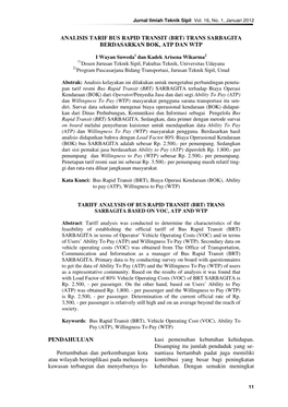 ANALISIS TARIF BUS RAPID TRANSIT (BRT) TRANS SARBAGITA BERDASARKAN BOK, ATP DAN WTP PENDAHULUAN Pertumbuhan Dan Perkembangan