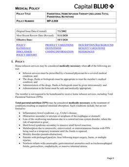 Parenteral Home Infusion Therapy (Including Total Parenteral Nutrition)