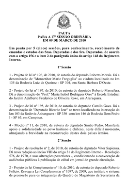 Pauta Para a 17ª Sessão Ordinária Em 09 De Março De 2010