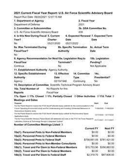 2021 Current Fiscal Year Report: U.S. Air Force Scientific Advisory Board Report Run Date: 09/24/2021 12:07:15 AM 1