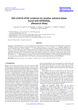 IGR J12319–0749: Evidence for Another Extreme Blazar Found with INTEGRAL (Research Note)