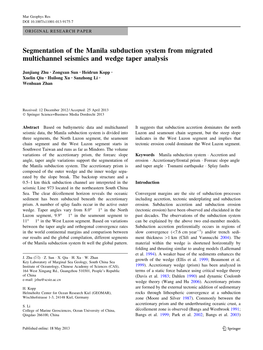 Segmentation of the Manila Subduction System from Migrated Multichannel Seismics and Wedge Taper Analysis