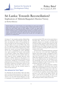 Sri Lanka: Towards Reconciliation? Implications of Mahinda Rajapaska’S Election Victory by Martina Klimesova