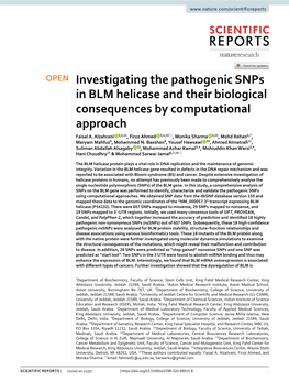 Investigating the Pathogenic Snps in BLM Helicase and Their Biological Consequences by Computational Approach Faisal A