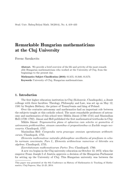 Remarkable Hungarian Mathematicians at the Cluj University