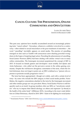 Cancel Culture: the Phenomenon, Online Communities and Open Letters