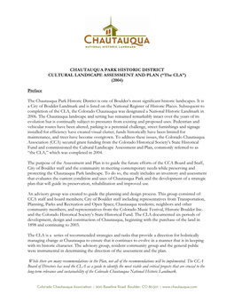 The Chautauqua Park Historic District Cultural Landscape Assessment and Plan