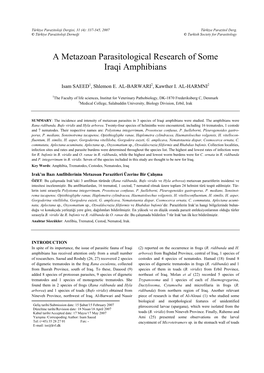 A Metazoan Parasitological Research of Some Iraqi Amphibians