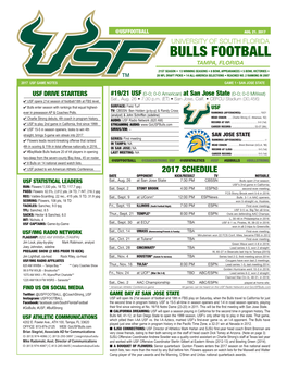 Bulls Football Tampa, Florida 21St Season • 13 Winning Seasons • 8 Bowl Appearances • 5 Bowl Victories • 28 Nfl Draft Picks • 14 All-America Selections • Reached No