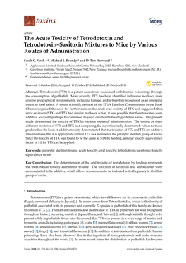 The Acute Toxicity of Tetrodotoxin and Tetrodotoxin–Saxitoxin Mixtures to Mice by Various Routes of Administration