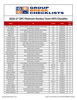 2016-17 OPC Platinum Hockey Team Hits Group Break Checklist