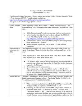 Theological Studies Citation Guide Revised October 10, 2016 for All Normal Types of Sources, E.G. Books, Journal Articles, Etc