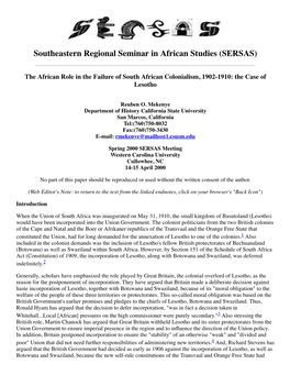 The African Role in the Failure of South African Colonialism, 1902-1910: the Case of Lesotho