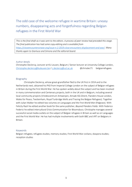 The Odd Case of the Welcome Refugee in Wartime Britain: Uneasy Numbers, Disappearing Acts and Forgetfulness Regarding Belgian Refugees in the First World War