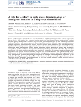 A Role for Ecology in Male Mate Discrimination of Immigrant Females in Calopteryx Damselﬂies?