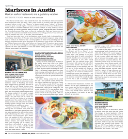 Mariscos in Austin BEJUCO’S LA CATEDRAL Mexican Seafood Restaurants Are a Gustatory Vacation DE MARISCOS RESTAURANT by MICK VANN PHOTOS by JOHN ANDERSON