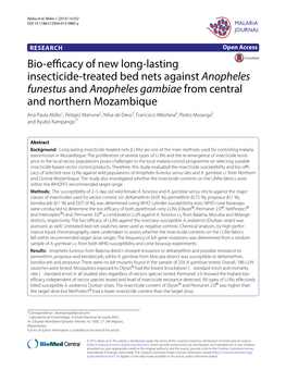 Bio-Efficacy of New Long-Lasting Insecticide-Treated Bed Nets Against Anopheles Funestus and Anopheles Gambiae from Central