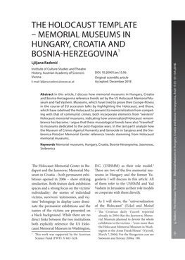 The Holocaust Template – Memorial Museums in Hungary, Croatia and Bosnia-Herzegovina, Anali 15 (1) 131-154 (2018) 2 13 Anali Hrvatskog Politološkog Društva 2018