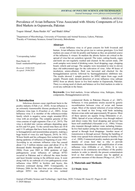 Prevalence of Avian Influenza Virus Associated with Abiotic Components of Live Bird Markets in Gujranwala, Pakistan