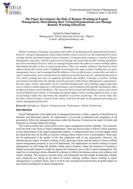 The Paper Investigates the Role of Remote Working in Export Management, Determining How Virtual Organizations Can Manage Remote Working Effectively