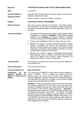 STRATEGIC PLANNING and CAPITAL MONITORING PANEL Date