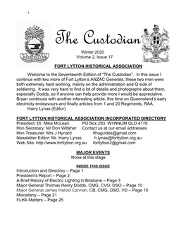 Winter 2020 Volume 2, Issue 17 FORT LYTTON HISTORICAL ASSOCIATION Welcome to the Seventeenth Edition of “The Custodian”. In