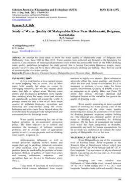 Research Article Study of Water Quality of Malaprabha River Near