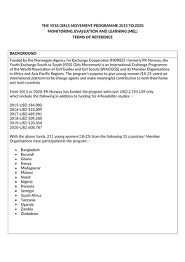 The Yess Girls Movement Programme 2015 to 2020 Monitoring, Evaluation and Learning (Mel) Terms of Reference