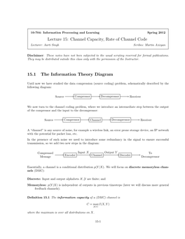 Channel Capacity, Rate of Channel Code 15.1 the Information Theory