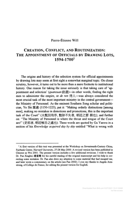 CREATION, CONFLICT, and ROUTINIZATION: the Appointment of OFFICIALS by DRAWING LOTS, 1594-17001