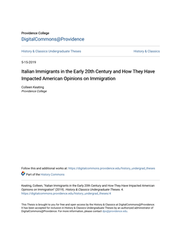 Italian Immigrants in the Early 20Th Century and How They Have Impacted American Opinions on Immigration