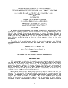 Determination of the Clear Sky Emissivity for Use in Cool Storage Roof and Roof Pond Applications