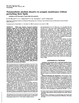 Nonanesthetic Alcohols Dissolve in Synaptic Membranes Without Perturbing Their Lipids (Anesthesia Cut-Off/Rana Pipiens/Torpedo/Lipid Order Parameter) K