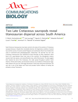 Two Late Cretaceous Sauropods Reveal Titanosaurian Dispersal Across South America ✉ E