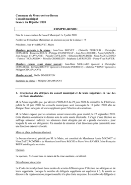 Commune De Montrevel-En-Bresse Conseil Municipal Séance Du 10 Juillet 2020