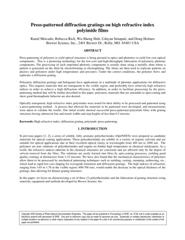 Press-Patterned Diffraction Gratings on High Refractive Index Polyimide Films