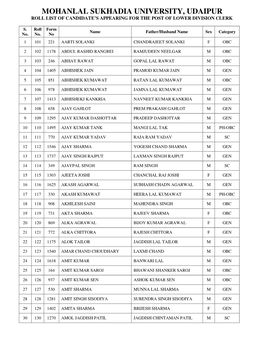 Mohanlal Sukhadia University, Udaipur Roll List of Candidate’S Appearing for the Post of Lower Division Clerk