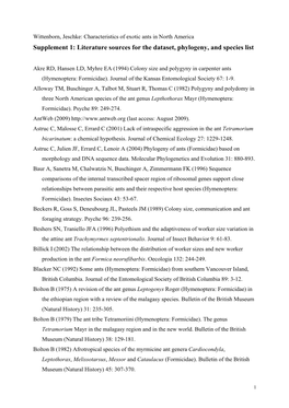 Characteristics of Exotic Ants in North America Supplement 1: Literature Sources for the Dataset, Phylogeny, and Species List