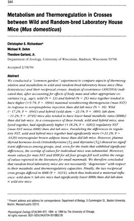 Metabolism and Thermoregulation in Crosses Between Wild And