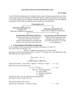 1. Concentration Cell Without Transference