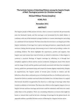 The Levirate Custom of Inheriting Widows Among the Supyire People of Mali: Theological Pointers for Christian Marriage’