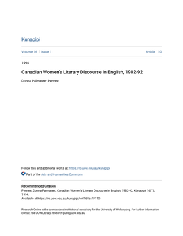 Canadian Women's Literary Discourse in English, 1982-92
