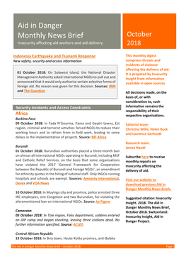 Aid in Danger Monthly News Brief October Insecurity Affecting Aid Workers and Aid Delivery 2018