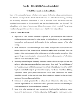 Sem-IV POL GE404 (Nationalism in India) Tribal Movements in Colonial