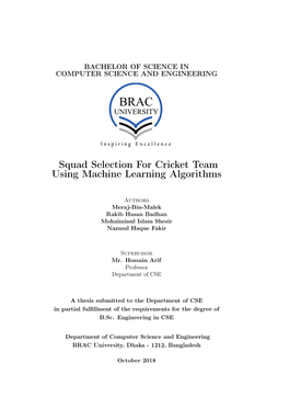 Squad Selection for Cricket Team Using Machine Learning Algorithms